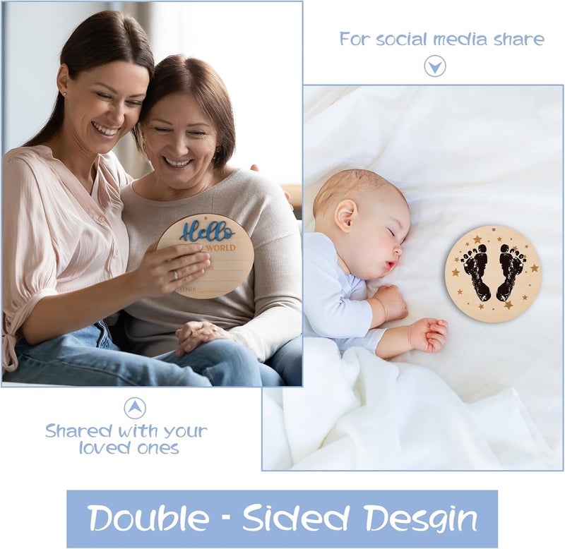 Giftacity Baby Hello World Announcement Sign: Wooden Blue Baby Newborn Signs for Hospital with Footprint - Birth Round Board for Welcome New Boy Nursery Gifts - Image 3